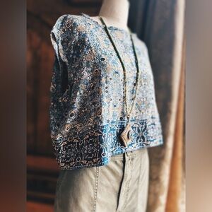 Free People Oversized XS Blue Floral Boxy Tank - NWOT - Raw Edge Detail